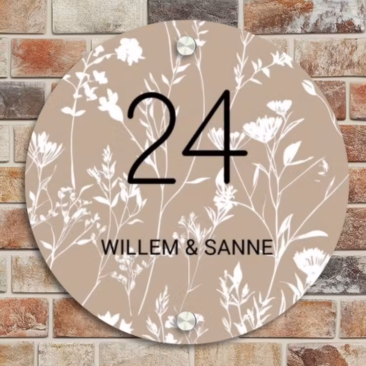 Naambordje voordeur - Rond - Beige bloemmotief - Klassiek — 4
