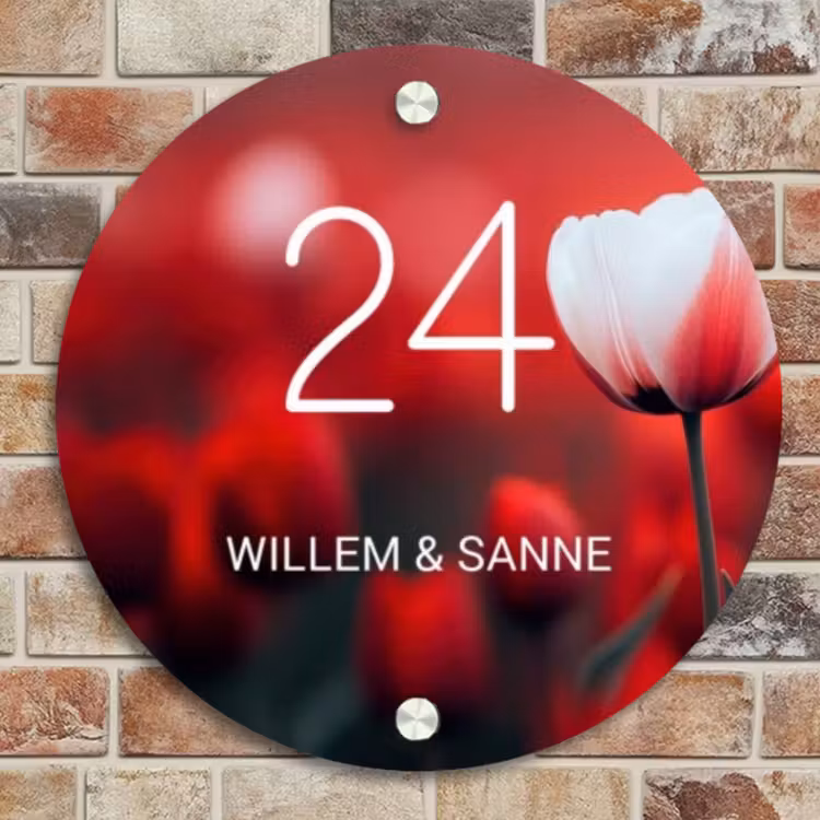 Naambordje voordeur - Rond - Rode tulpen - Klassiek — 4