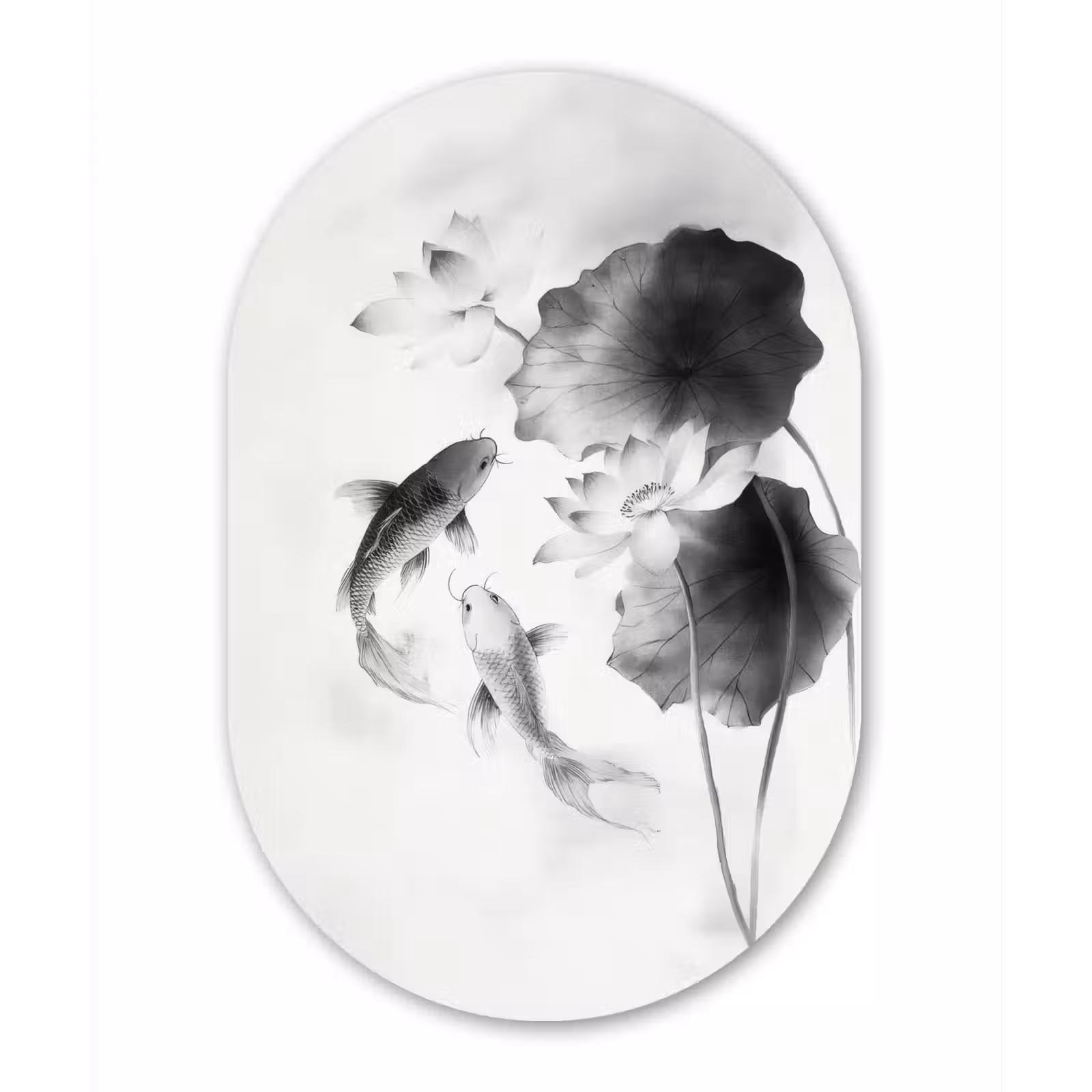 Muurovaal - aluminium - Lotusbloemen - Vissen - Bladeren - Zwart — 1