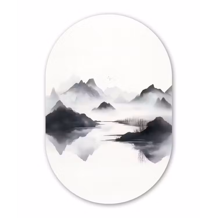 Muurovaal - aluminium - Bergen - Mistig - Water - Wit — 1