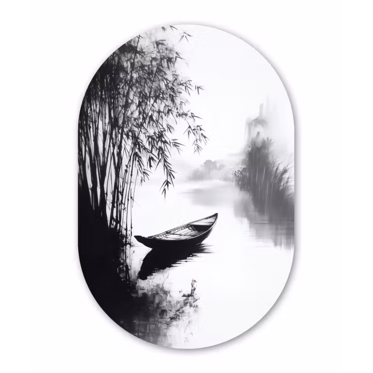 Muurovaal - aluminium - Boot - Rivier - Bamboe - Wit — 1