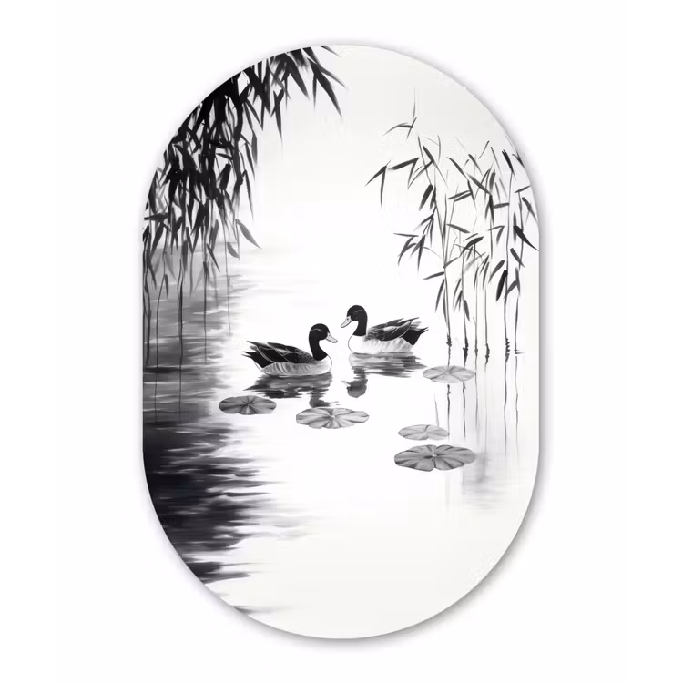 Muurovaal - aluminium - Eenden - Waterlelies - Riet - Zwart — 1