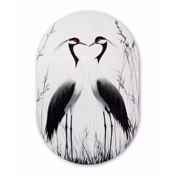 Muurovaal - aluminium - Kraanvogels - Gras - Hartvorm - Zwart — 1