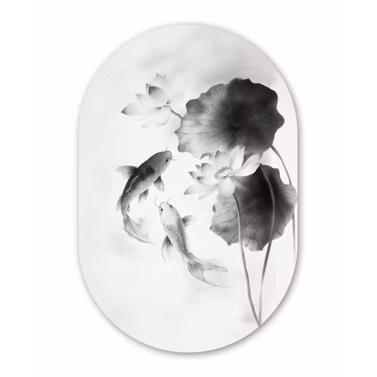 Muurovaal - aluminium - Lotusbloemen - Vissen - Bladeren - Zwart — 1