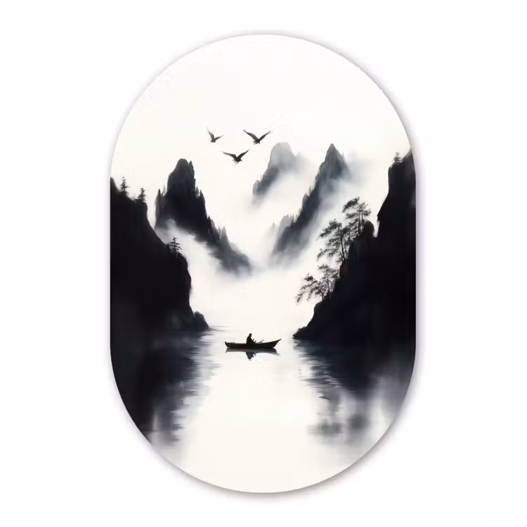 Muurovaal - aluminium - Roeiboot - Mistig - Bergen - Vogels — 1
