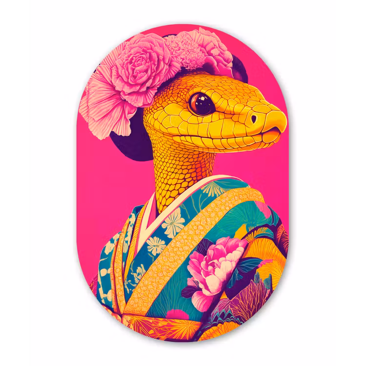 Muurovaal - aluminium - Hagedis - Bloemen - Roze - Kimono — 1
