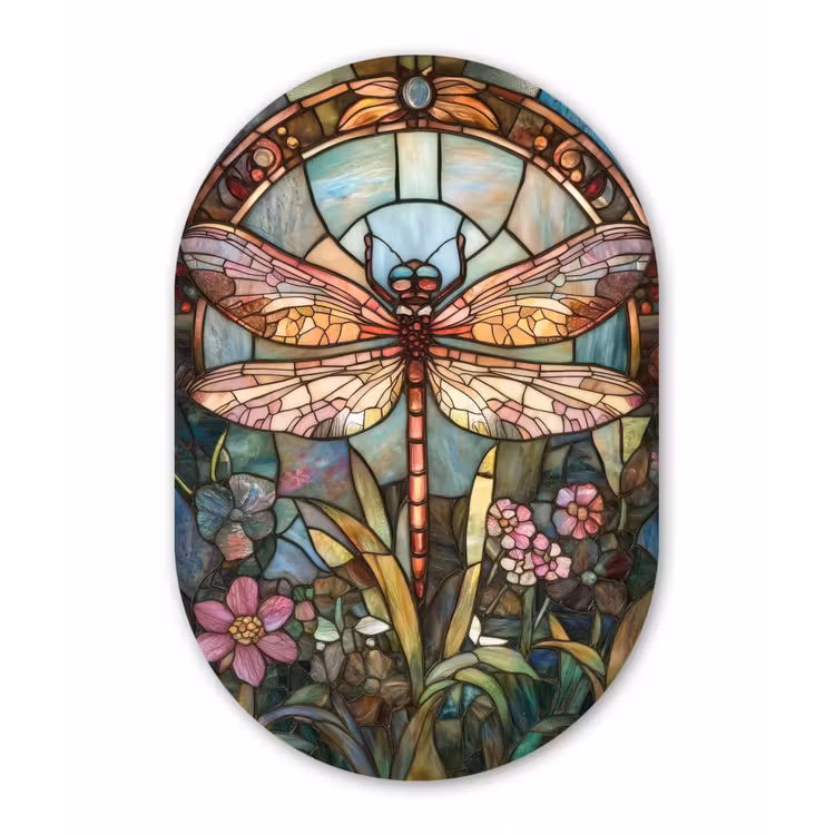 Muurovaal - aluminium - Libelle - Mozaïek - Bloemen - Kleurrijk — 1