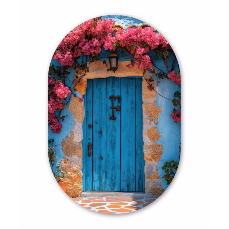 Muurovaal - aluminium - Deur - Hout - Bloemen - Blauw — 1