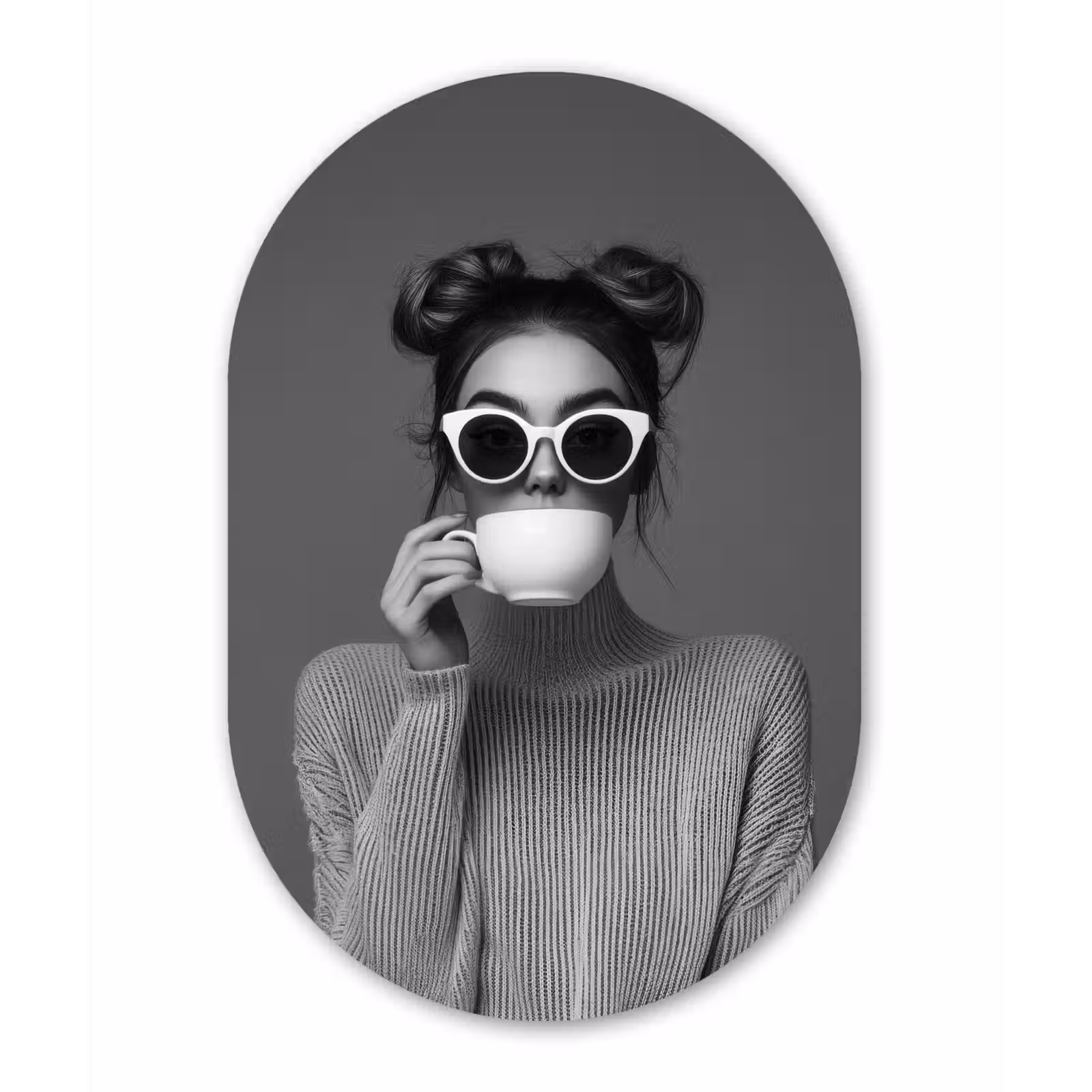 Muurovaal - aluminium - Vrouw - Koffie - Zwart - Wit — 1