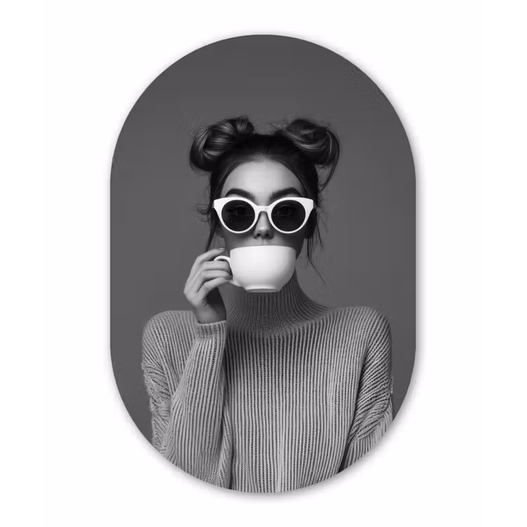 Muurovaal - aluminium - Vrouw - Koffie - Zwart - Wit — 1