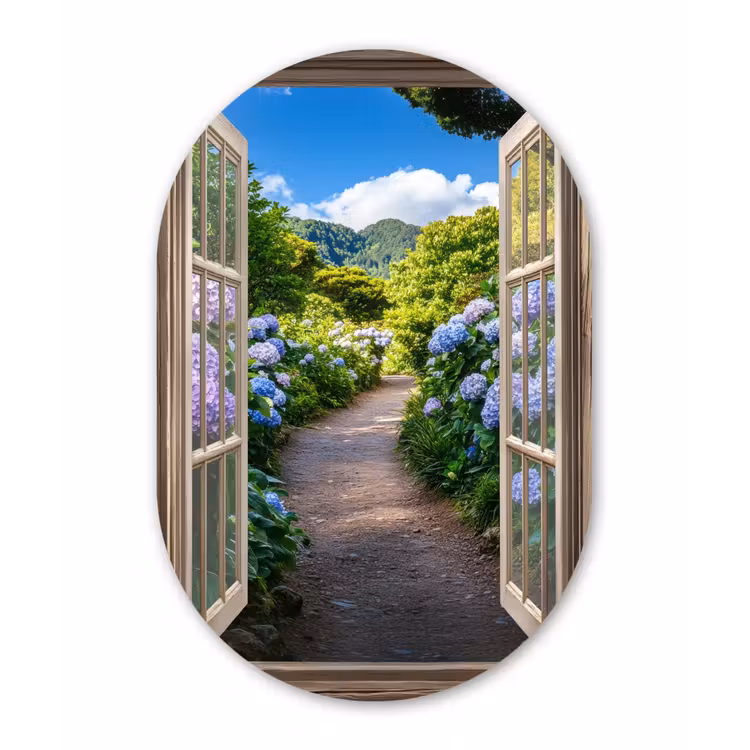 Muurovaal - aluminium - Doorkijk - Hortensia - Pad - Natuur — 1