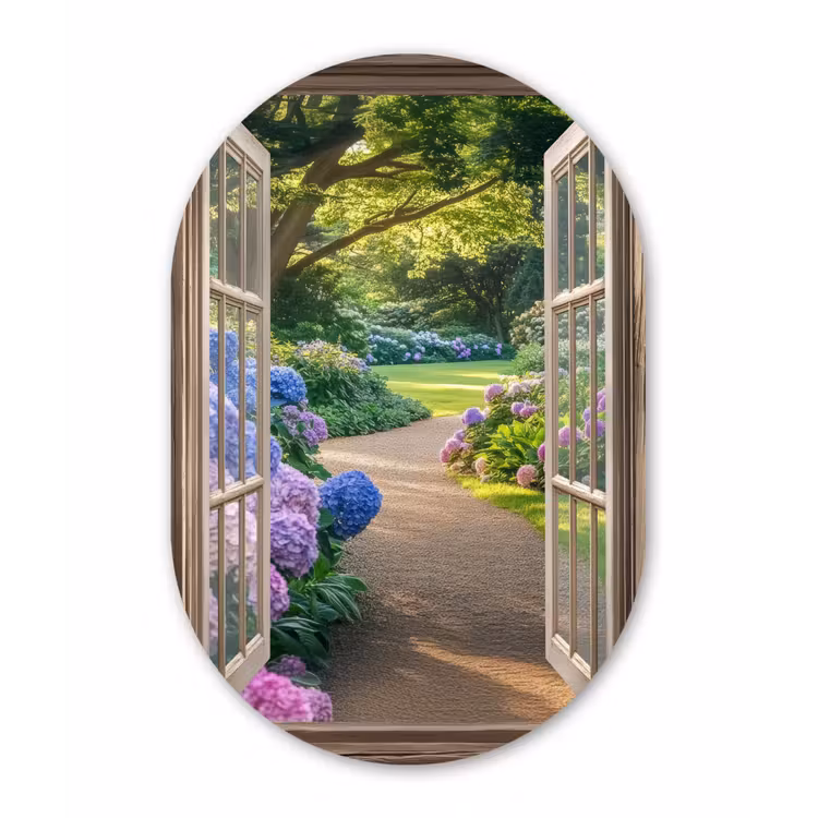 Muurovaal - aluminium - Doorkijk - Tuin - Raam - Hortensia - Bloemen — 1