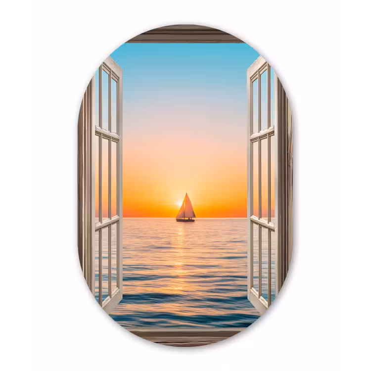 Muurovaal - aluminium - Doorkijk - Zee - Boot - Zonsondergang — 1
