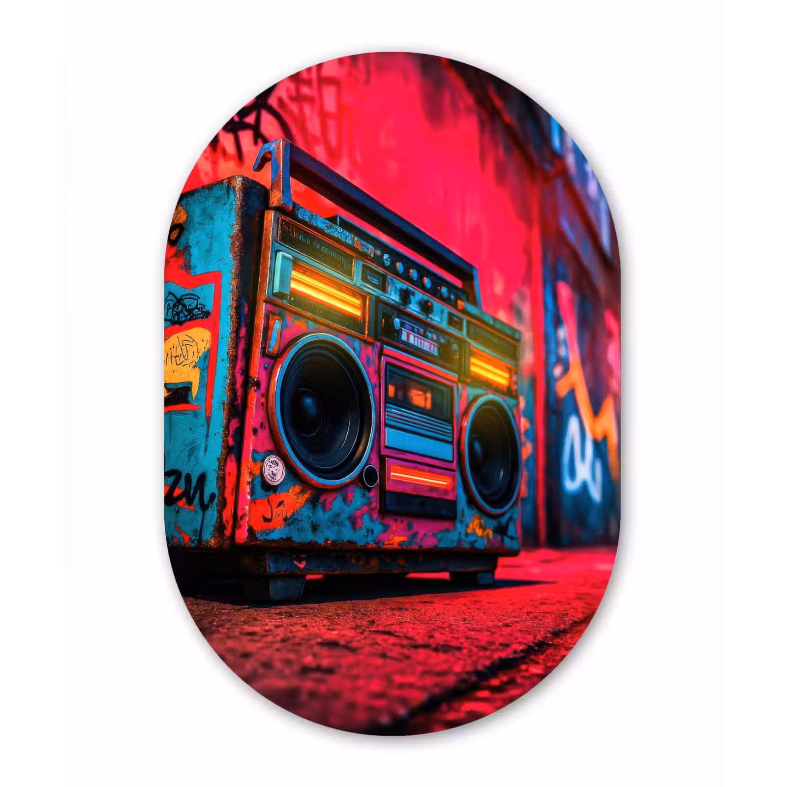 Muurovaal - aluminium - Boombox - Rood - Graffiti - Neon — 1