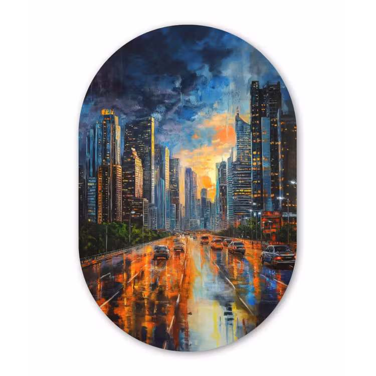 Muurovaal - aluminium - Auto - Skyline - Zon - Blauw — 1