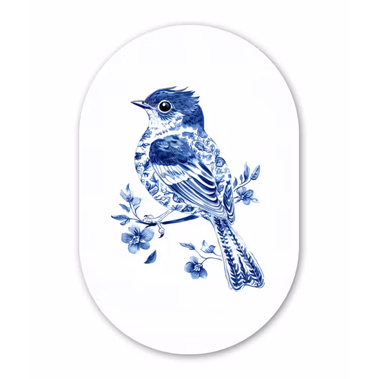 Muurovaal - aluminium - Vogel - Delfts blauw - Illustratie - Bloemen — 1