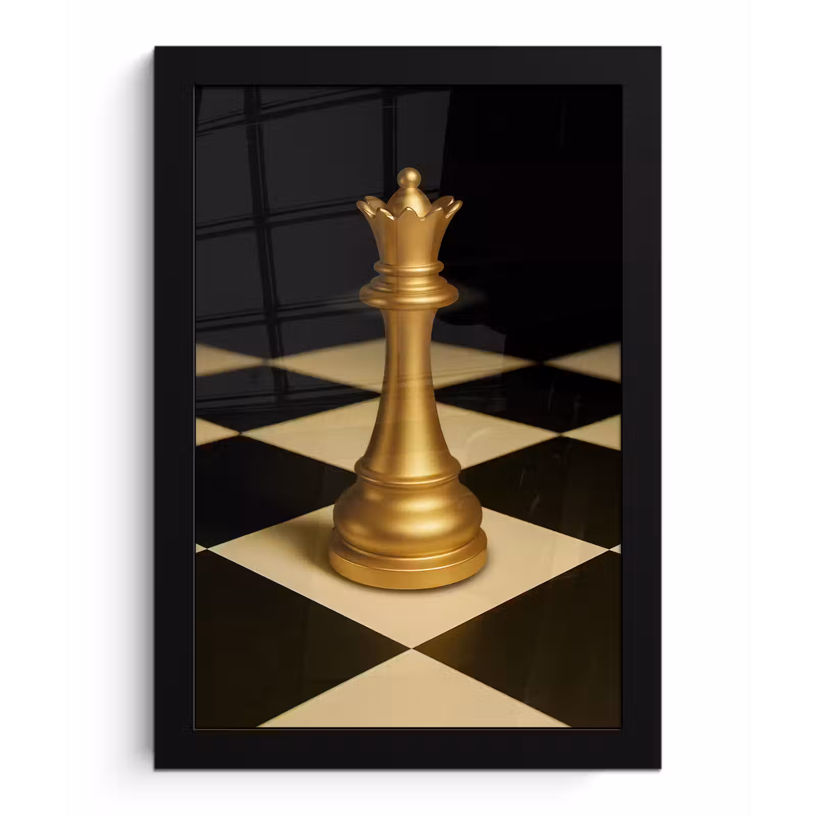 Poster met lijst - Koningin - Schaakstuk - Geblokt - Goud — 1