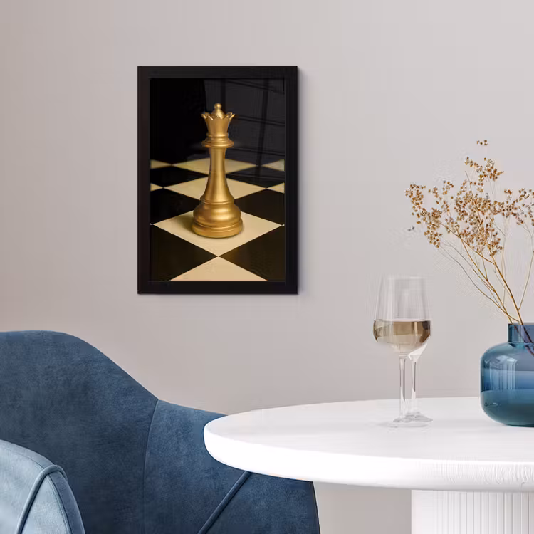 Poster met lijst - Koningin - Schaakstuk - Geblokt - Goud — 4