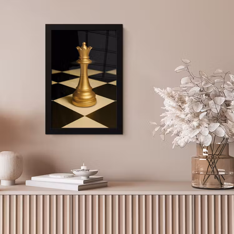 Poster met lijst - Koningin - Schaakstuk - Geblokt - Goud — 5