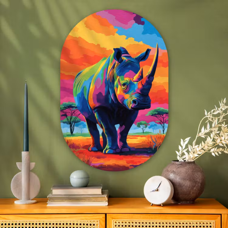 Wandoval Glas – Neushoorn - Zonsondergang - Savanna - Kleurrijk — 2
