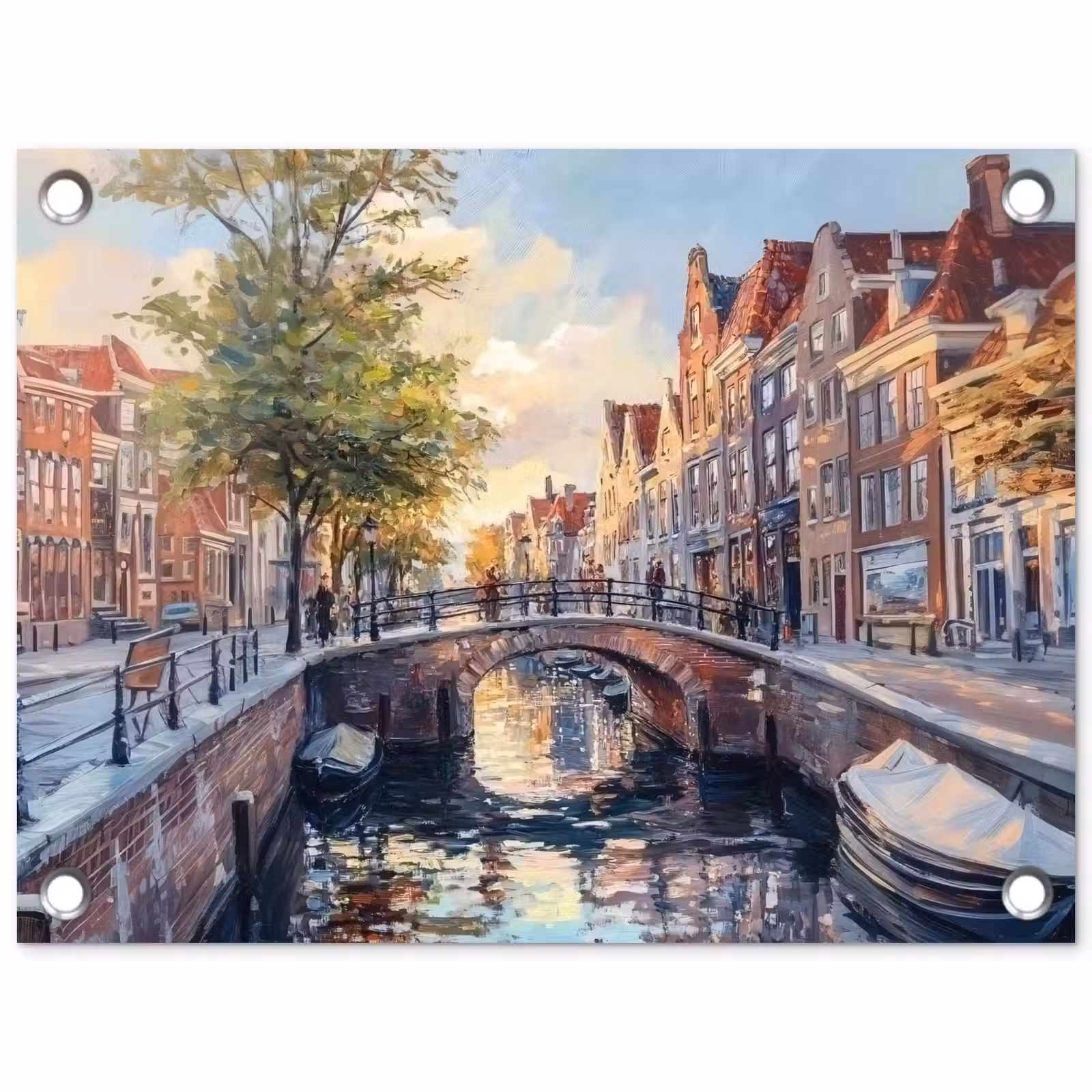Tuinposter - Brug - Stad - Huizen - Boot — 1