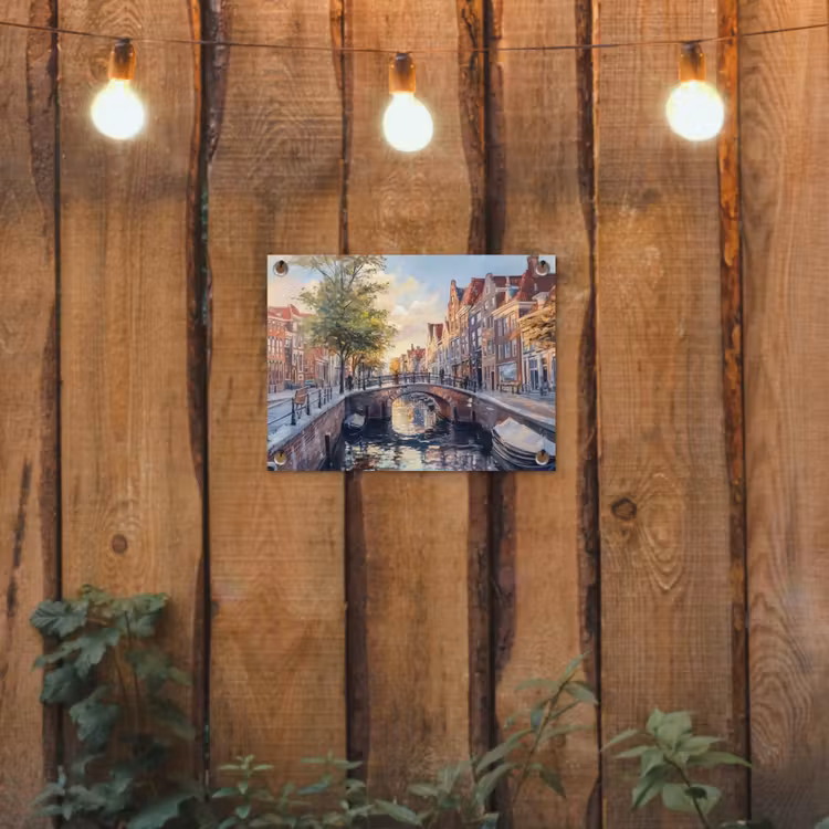 Tuinposter - Brug - Stad - Huizen - Boot — 2