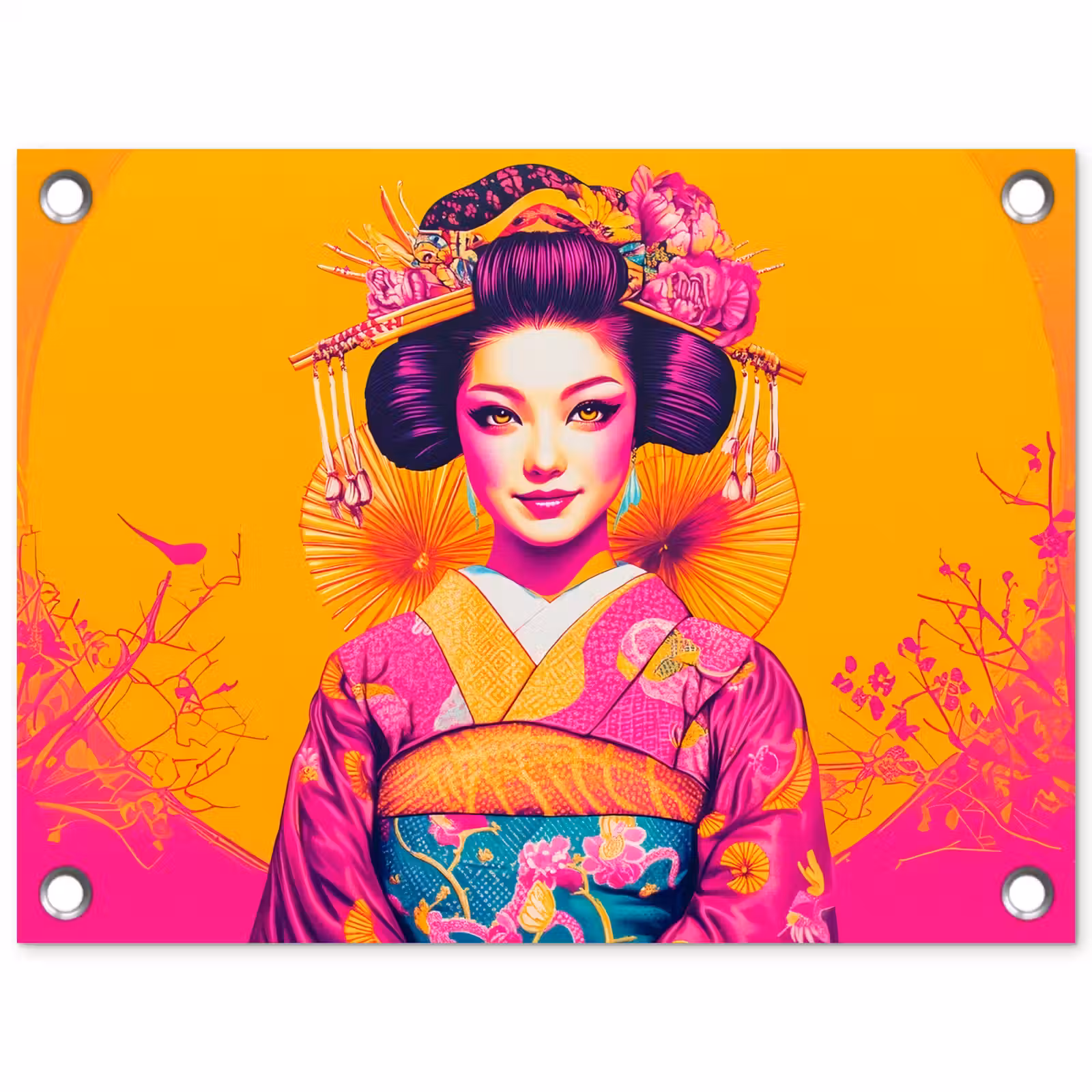 Tuinposter - Bloemen - Vrouw - Kimono - Roze — 1