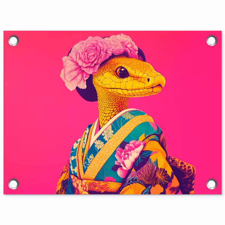 Tuinposter - Hagedis - Bloemen - Roze - Kimono — 1