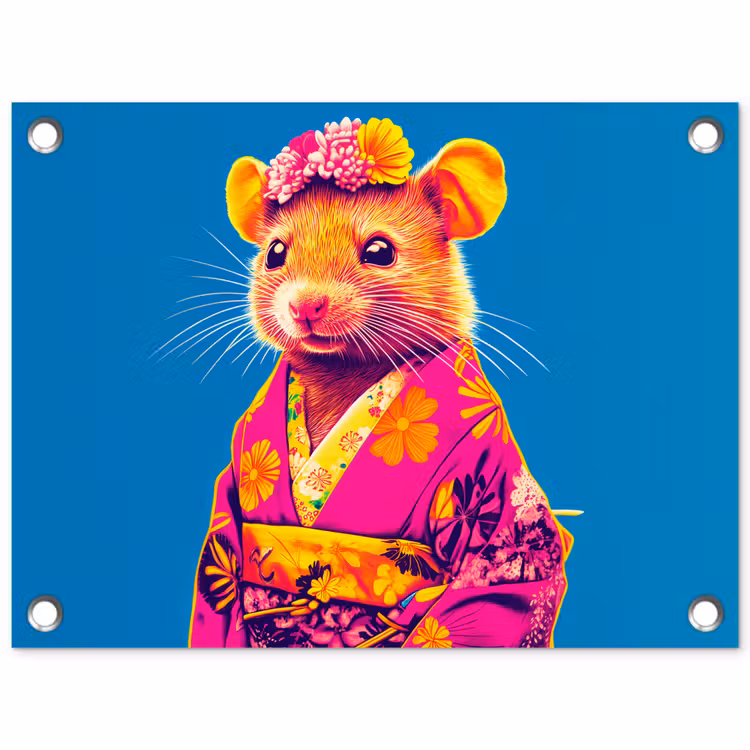 Tuinposter - Muis - Kimono - Bloemen - Blauw — 1