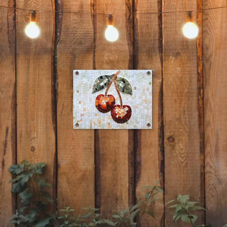 Tuinposter - Kersen - Rood - Mozaïek - Blaadjes — 2