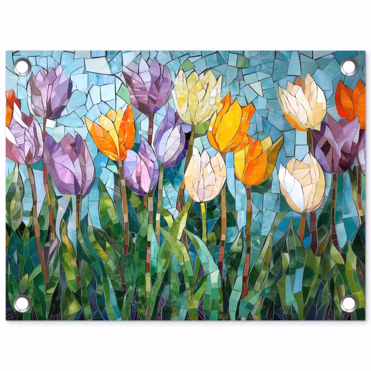 Tuinposter - Mozaïek - Veld - Tulpen - Kleurrijk — 1