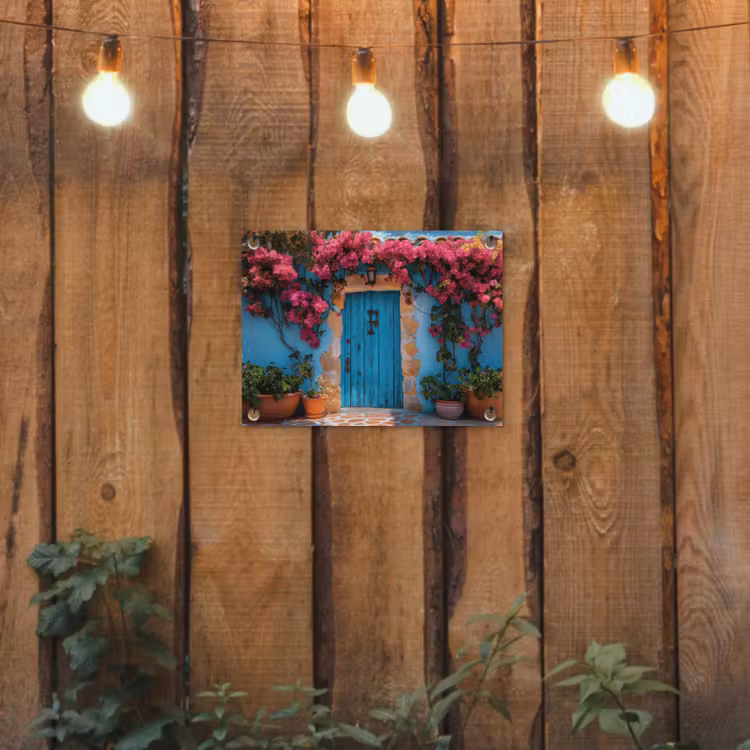 Tuinposter - Deur - Hout - Bloemen - Blauw — 2