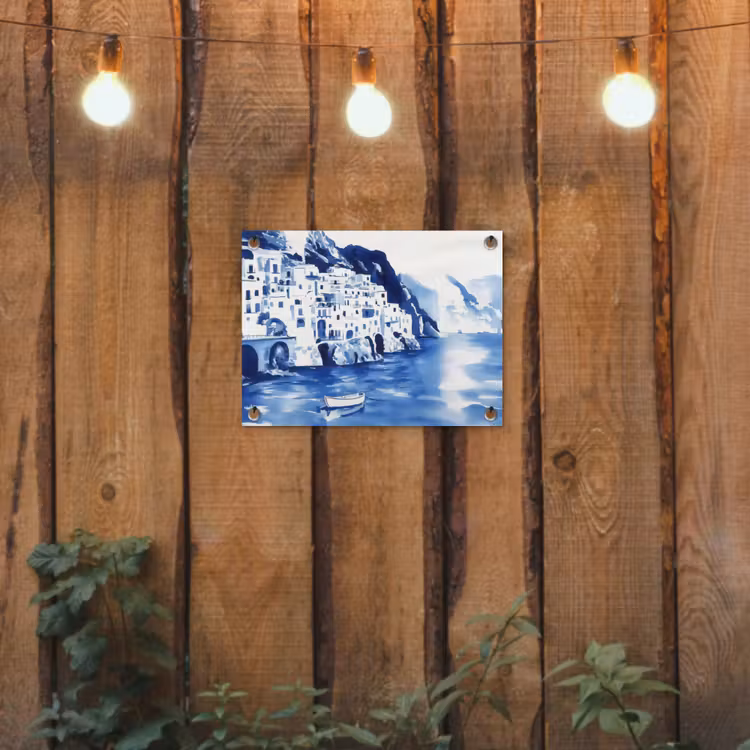 Tuinposter - Dorp - Rotswand - Roeiboot - Water — 2