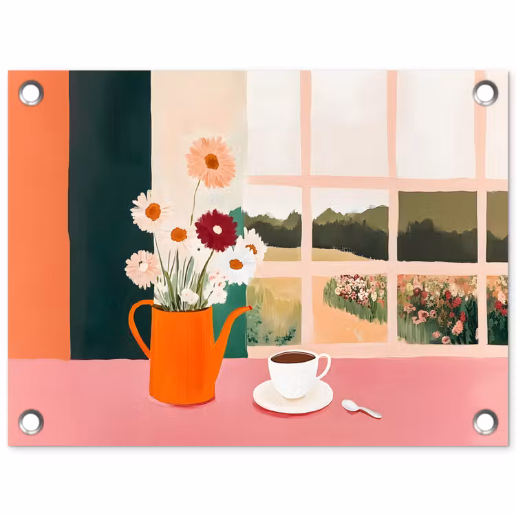 Tuinposter - Bloemen - Koffie - Raam — 1