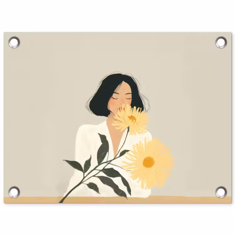 Tuinposter - Vrouw - Bloem - Geel - Minimalistisch — 1