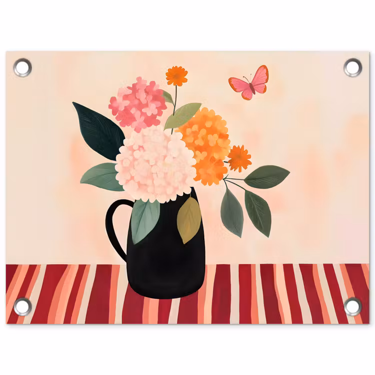 Tuinposter - Vaas - Bloemen - Vlinder - Rood — 1