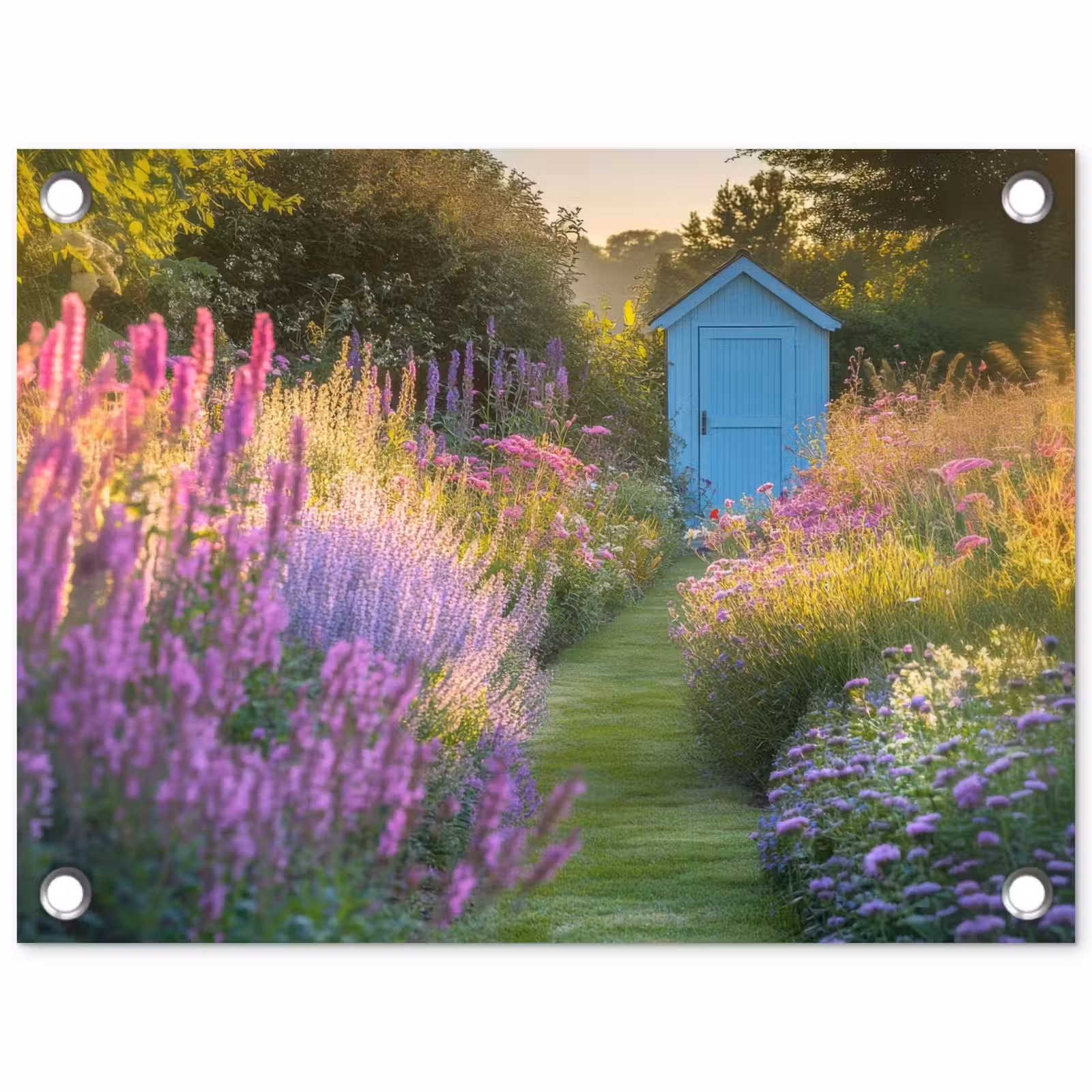 Tuinposter - Tuinhuisje - Blauw - Bloemen — 1