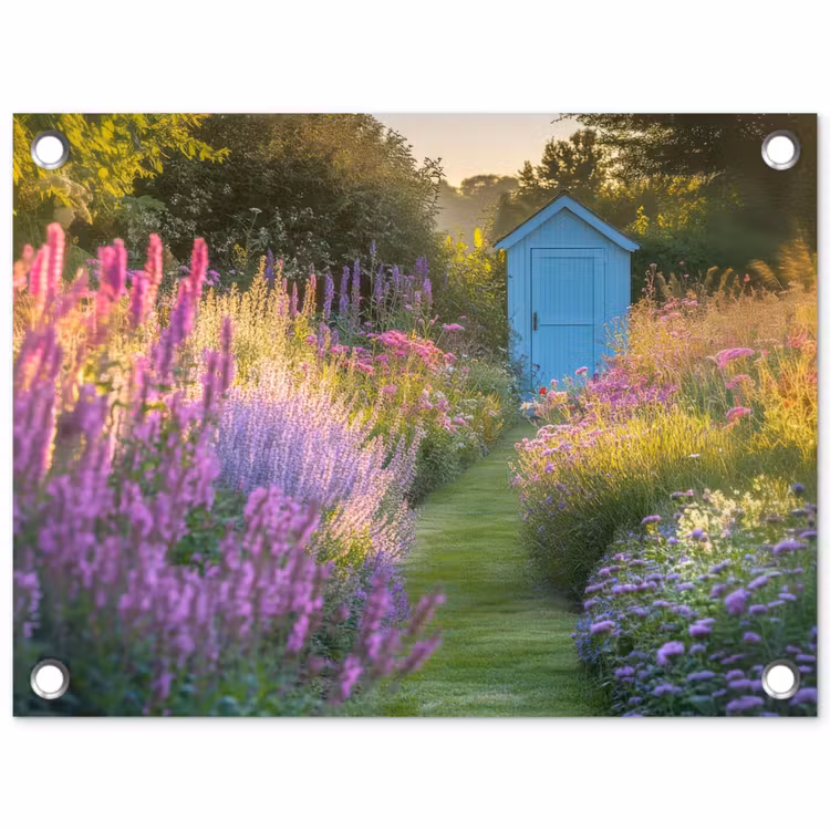 Tuinposter - Tuinhuisje - Blauw - Bloemen — 1