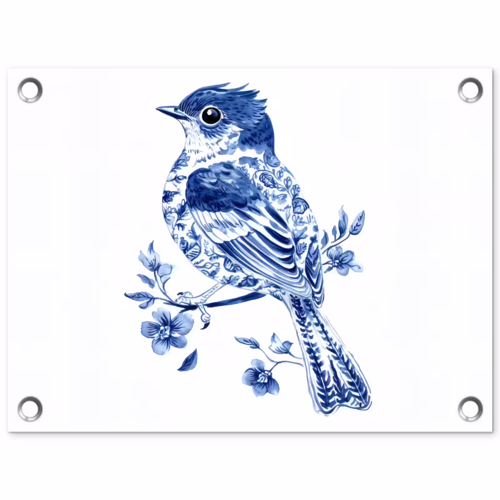 Tuinposter - Vogel - Delfts blauw - Illustratie - Bloemen — 1