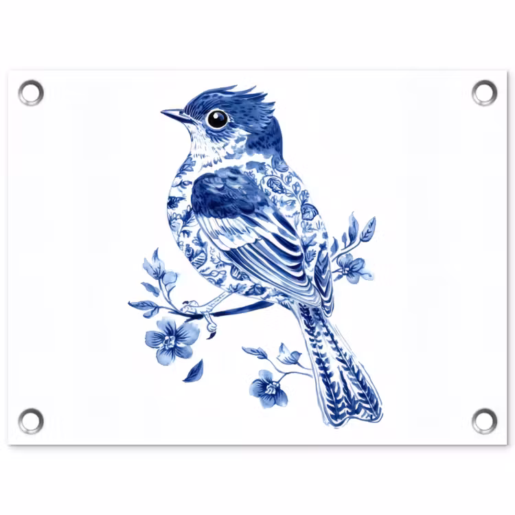 Tuinposter - Vogel - Delfts blauw - Illustratie - Bloemen — 1