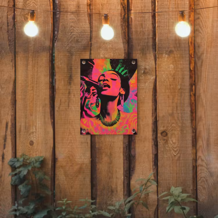 Tuinposter - Neon - Vrouw - Microfoon — 2
