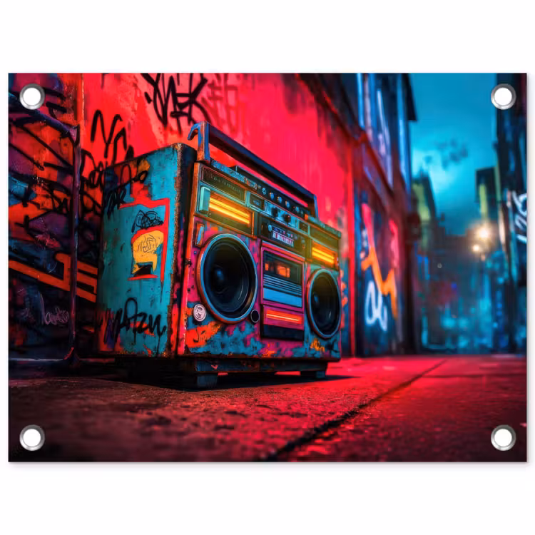 Tuinposter - Boombox - Rood - Graffiti - Neon — 1