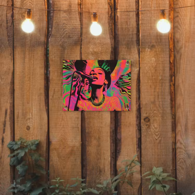 Tuinposter - Vrouw - Microfoon - Neon — 2