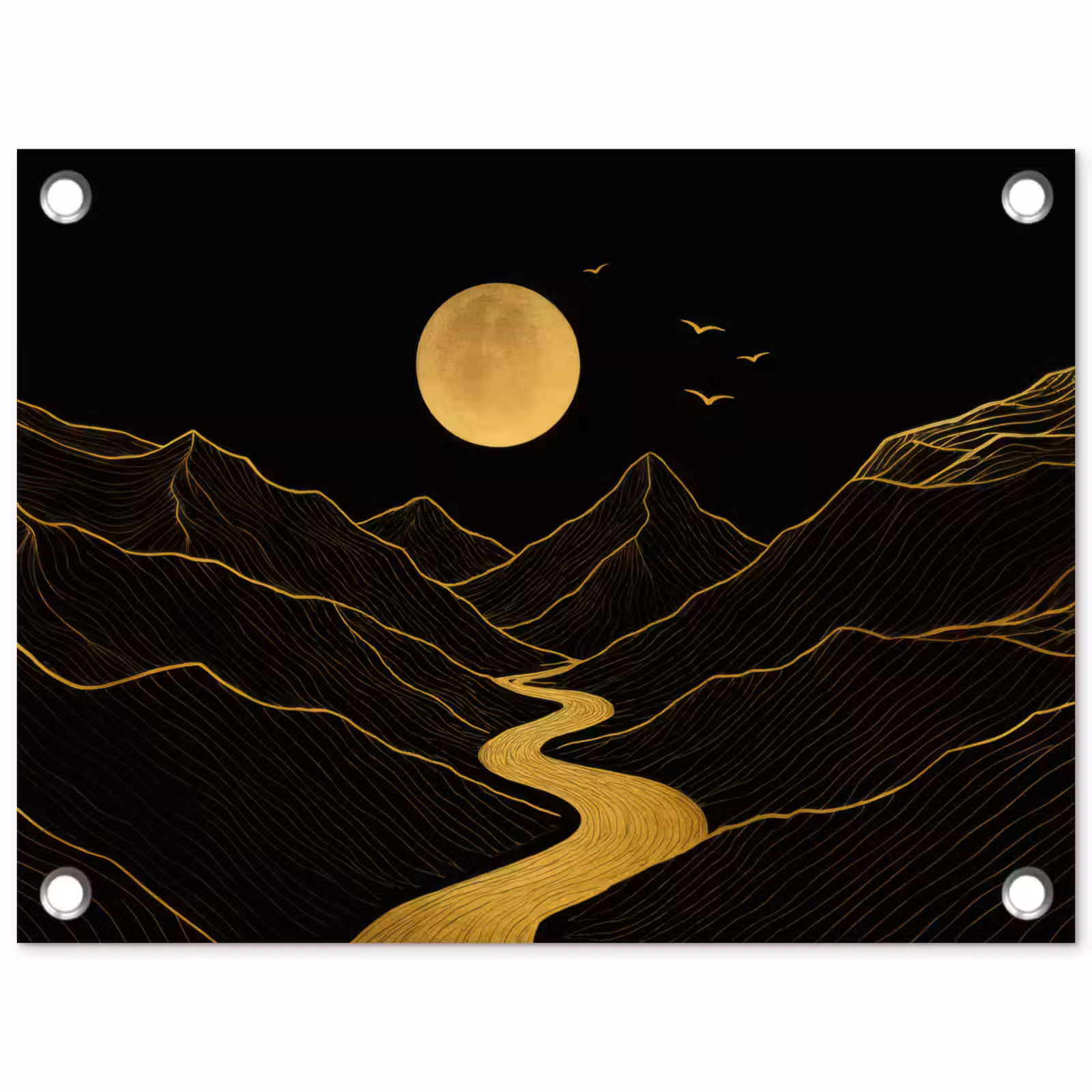 Tuinposter - Rivier - Goud - Maan - Vogels — 1