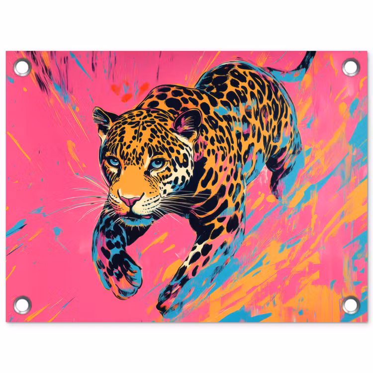 Tuinposter - Luipaard - Roze - Oranje - Blauw - Verf — 1