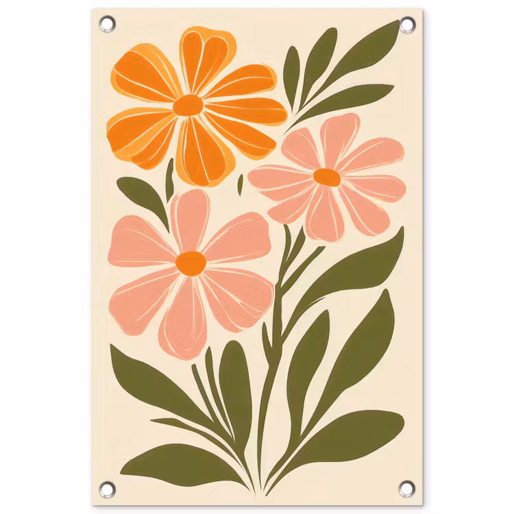 Tuinposter - Minimalistisch - Bloemen - Bladeren - Roze — 1