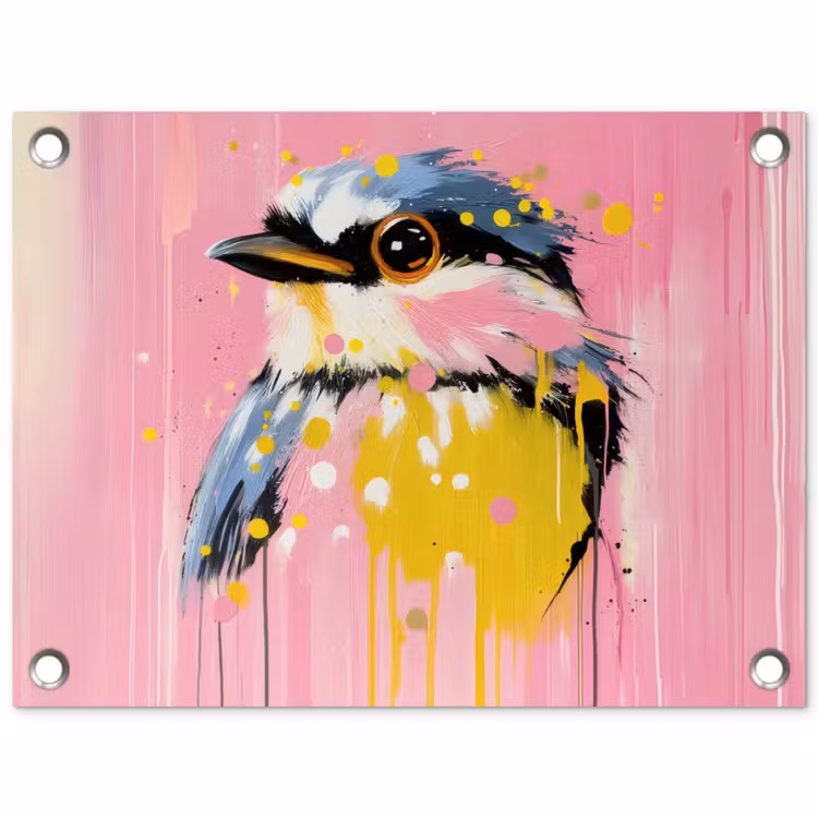 Tuinposter - Vogel - Roze - Geel - Blauw — 1