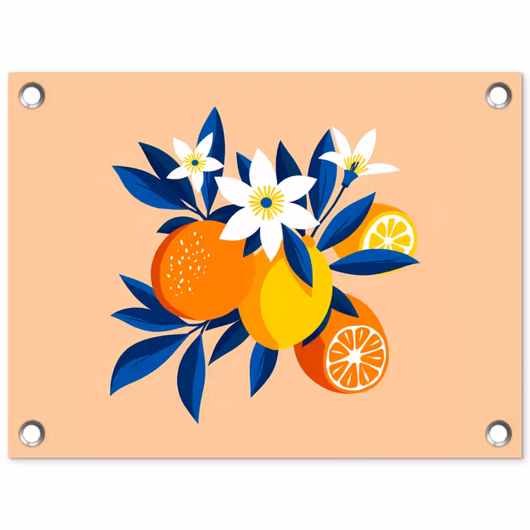 Tuinposter - Illustratie - Sinaasappels - Donkerblauw - Bloemen — 1