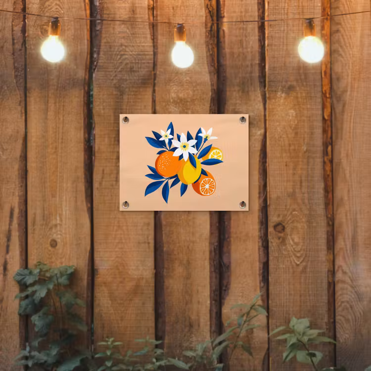 Tuinposter - Illustratie - Sinaasappels - Donkerblauw - Bloemen — 2