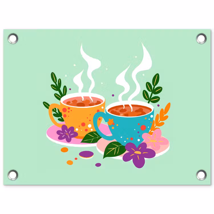 Tuinposter - Thee - Illustratie - Kopjes - Bloemen — 1